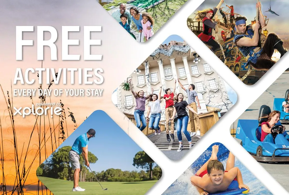 A vibrant interior collage showcasing families engaging in activities like golfing, swimming, theme park fun, and bonding moments, capturing the excitement and variety of experiences on offer.